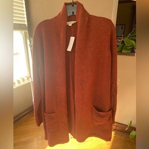 Loft Shawl Collar Pocket Open Cardigan in tawny copper. Size medium.